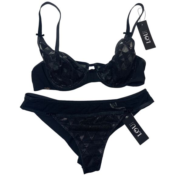 NWT Lou Paris Lingerie Geometric Sheer Mesh Bra Panty Set Black Small - Picture 1 of 12